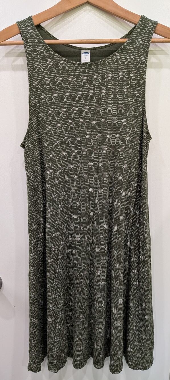 Old Navy Sleeveless Swing Dress Large Olive Green Geometric Print Jersey Knit